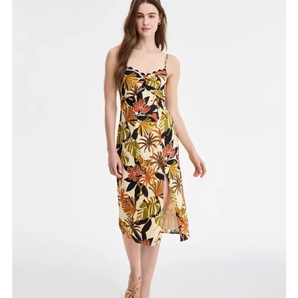 Row A Scalloped Printed Slip Midi Dress Safari Pattern Sz S Tropical Vacation